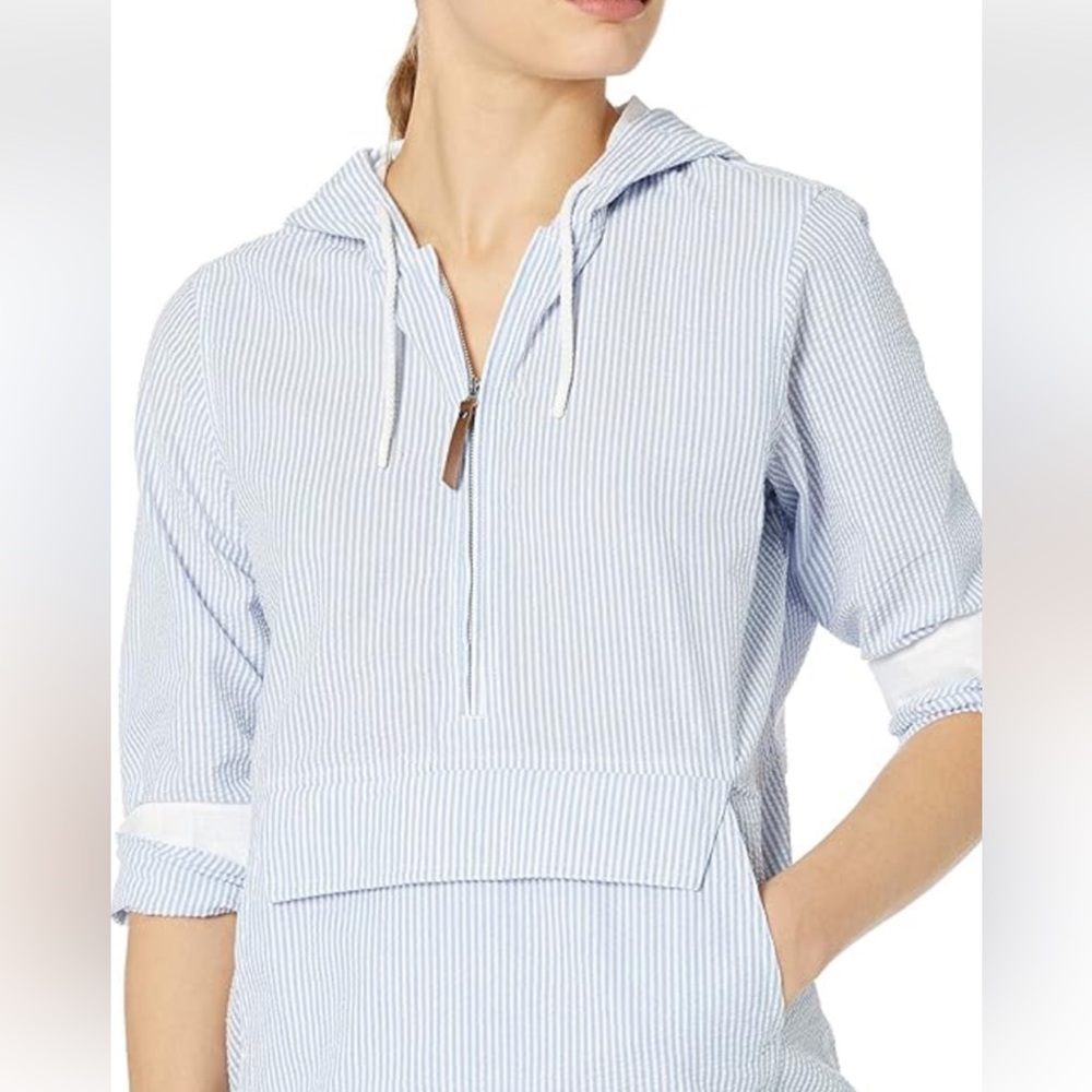Blue and White seersucker hoodie Women's L